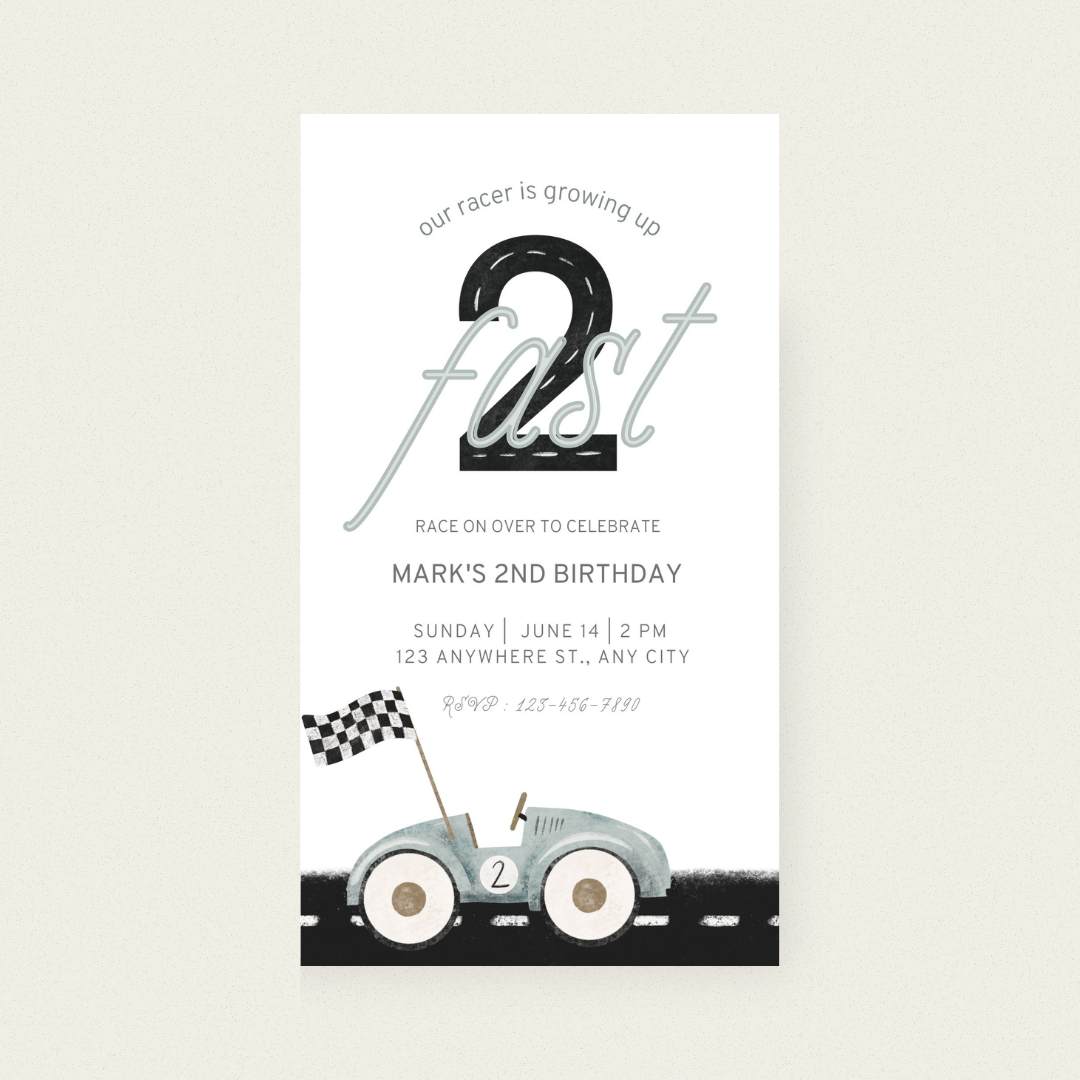 Animated Two Fast Race Car Birthday Invitation – Editable Canva Template