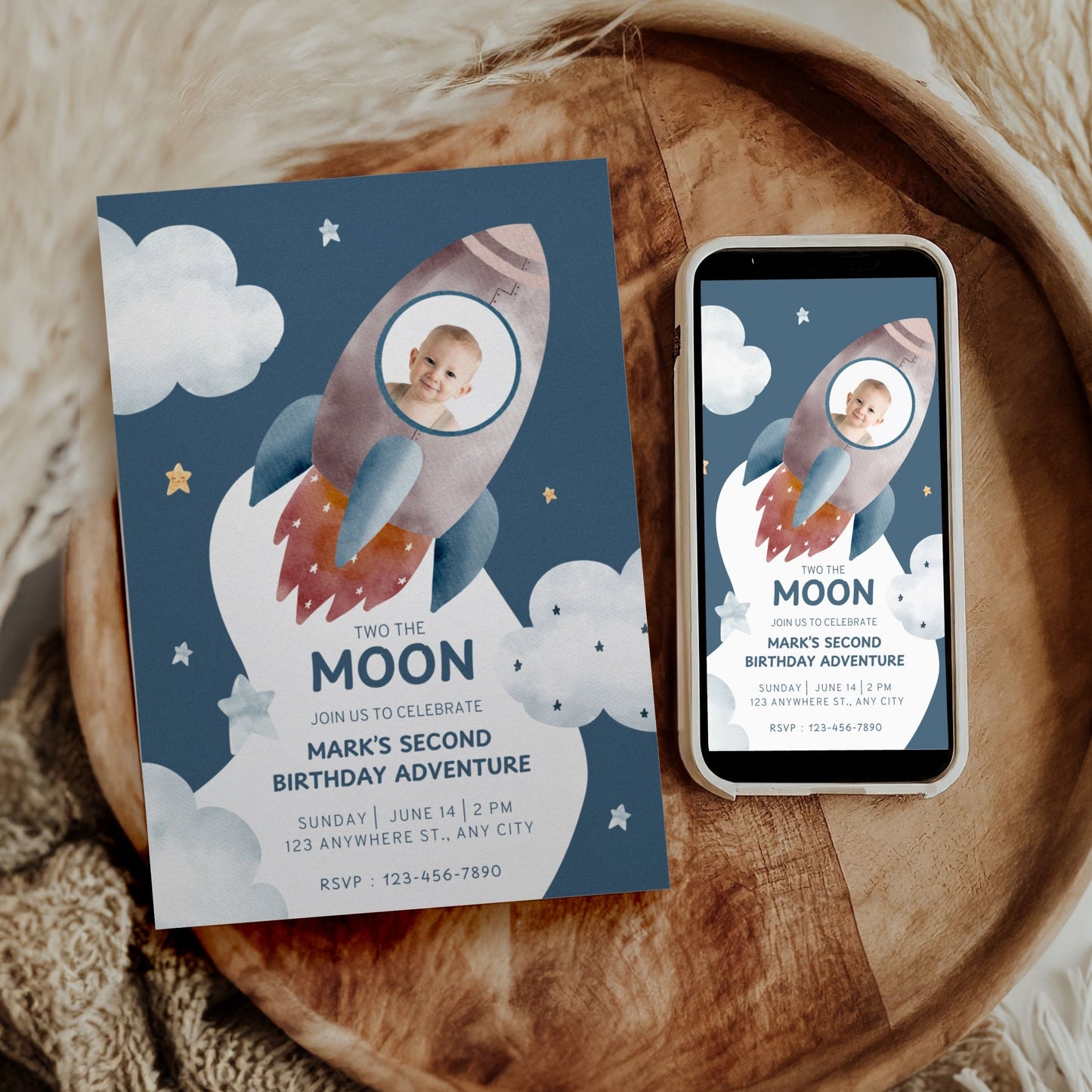 Two the Moon Birthday Invitation - Editable Canva Template