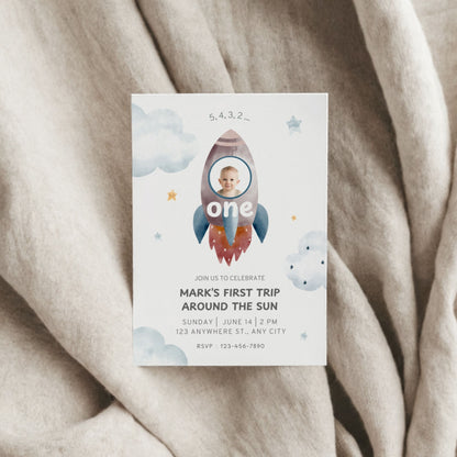 5, 4, 3, 2… ONE! Space-Themed 1st Birthday Invitation - Editable Canva Template