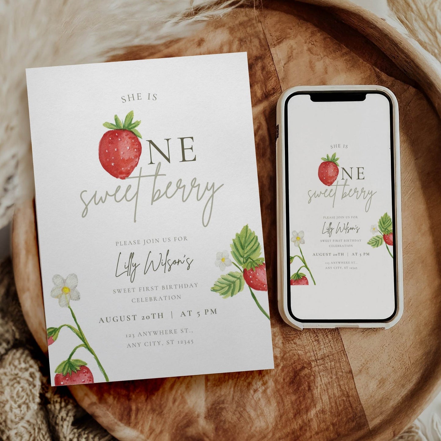 Berry First Birthday Invitation – Editable Canva Template