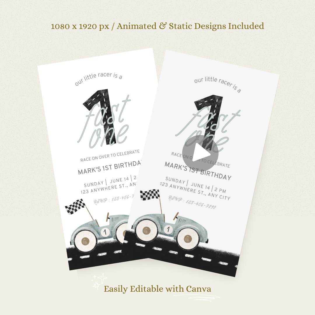Animated Fast One Race Car Birthday Invitation – Editable Canva Template