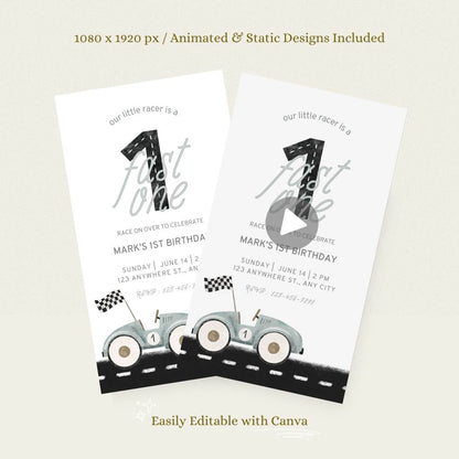 Animated Fast One Race Car Birthday Invitation – Editable Canva Template