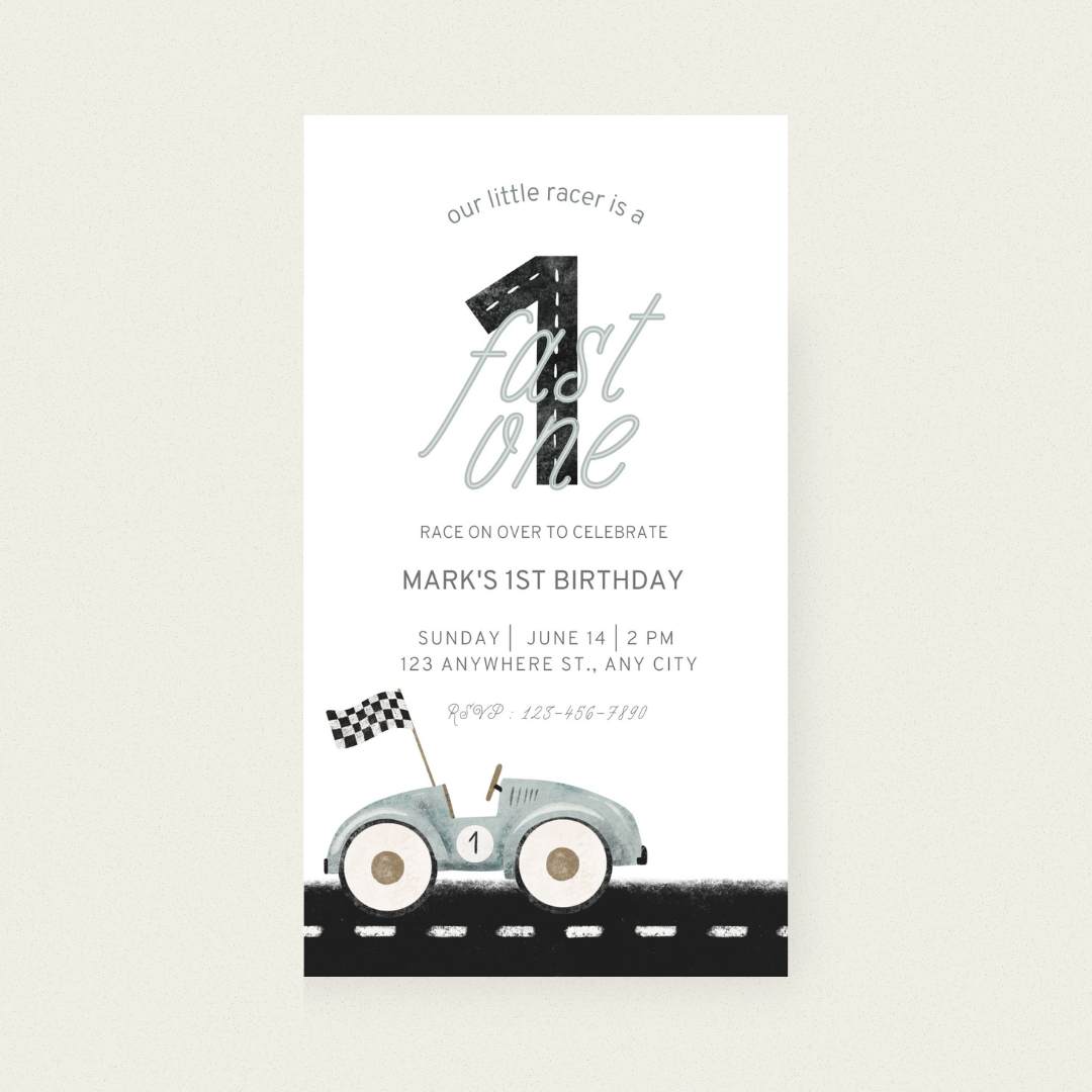 Animated Fast One Race Car Birthday Invitation – Editable Canva Template