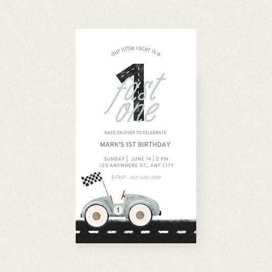 Animated Fast One Race Car Birthday Invitation – Editable Canva Template
