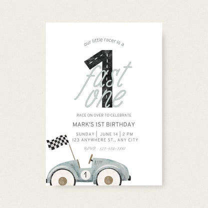 Fast One Race Car Birthday Invitation – Editable Canva Template