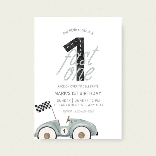 Fast One Race Car Birthday Invitation – Editable Canva Template