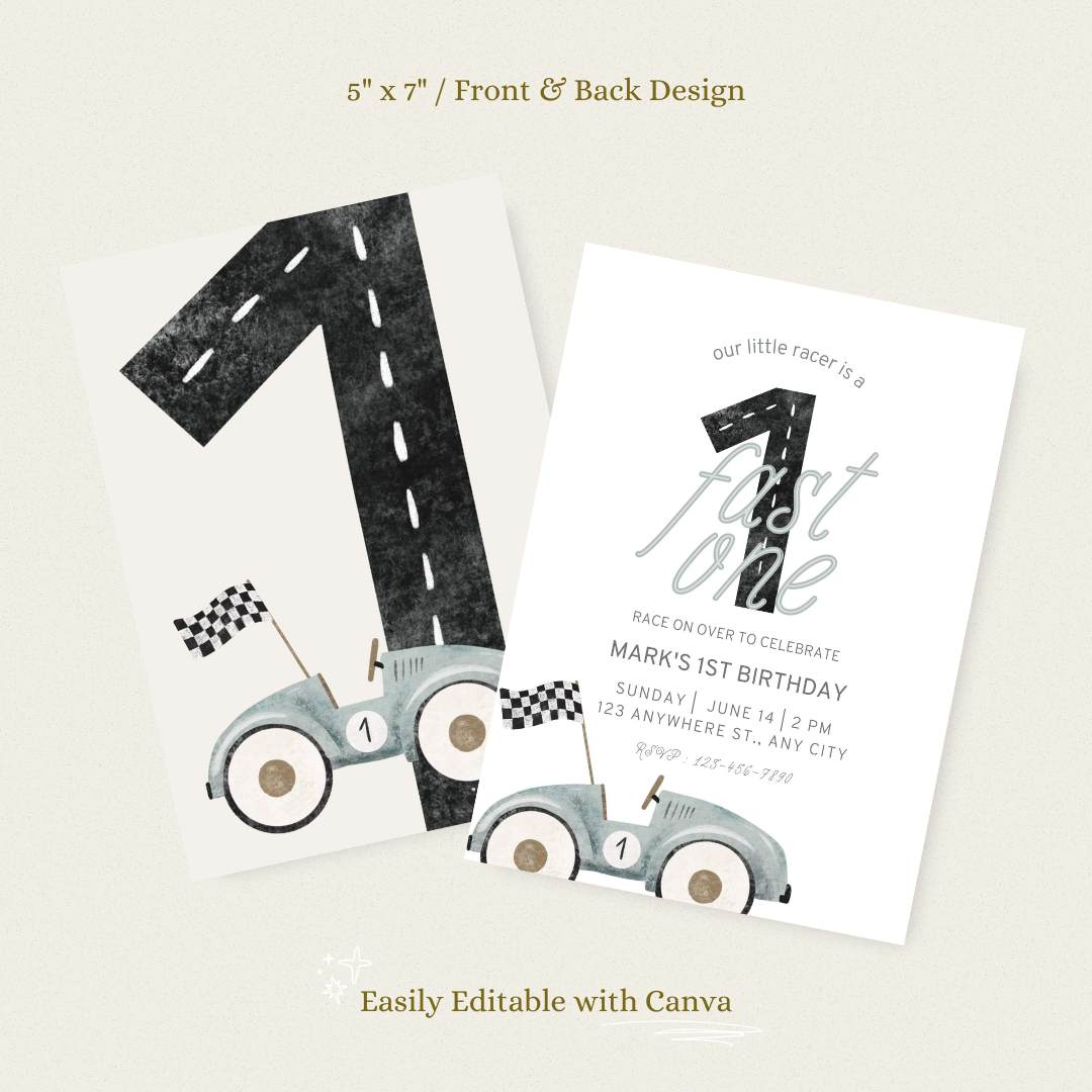 Fast One Race Car Birthday Invitation – Editable Canva Template
