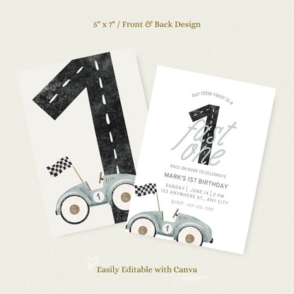 Fast One Race Car Birthday Invitation – Editable Canva Template
