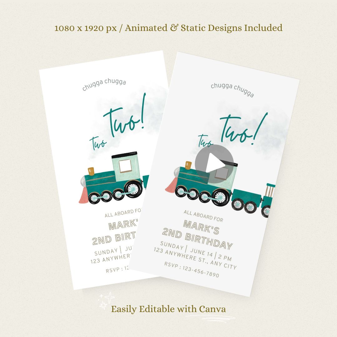 Animated Train Birthday Invitation - Editable Canva Template