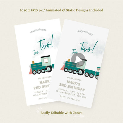 Animated Train Birthday Invitation - Editable Canva Template