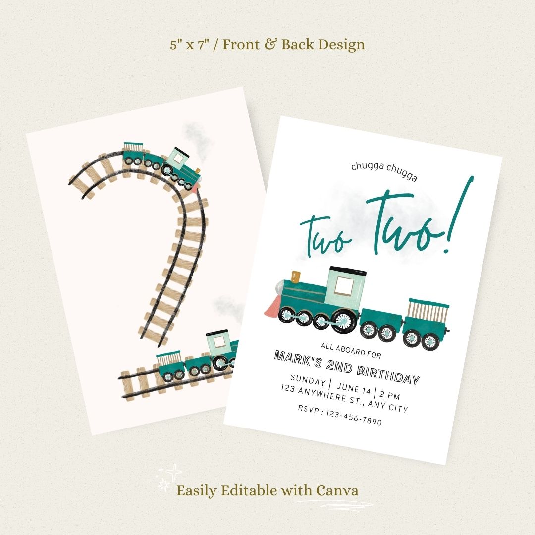 Two Two Train Birthday Invitation – Editable Green Train 2nd Birthday Template