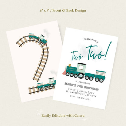 Two Two Train Birthday Invitation – Editable Green Train 2nd Birthday Template