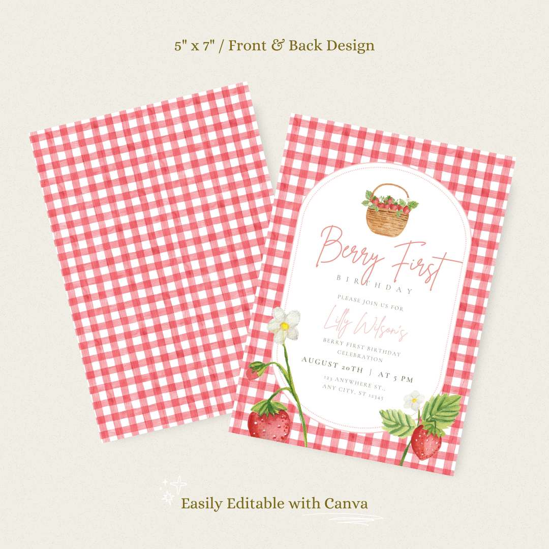Strawberry Birthday Invitation – Editable Canva Template