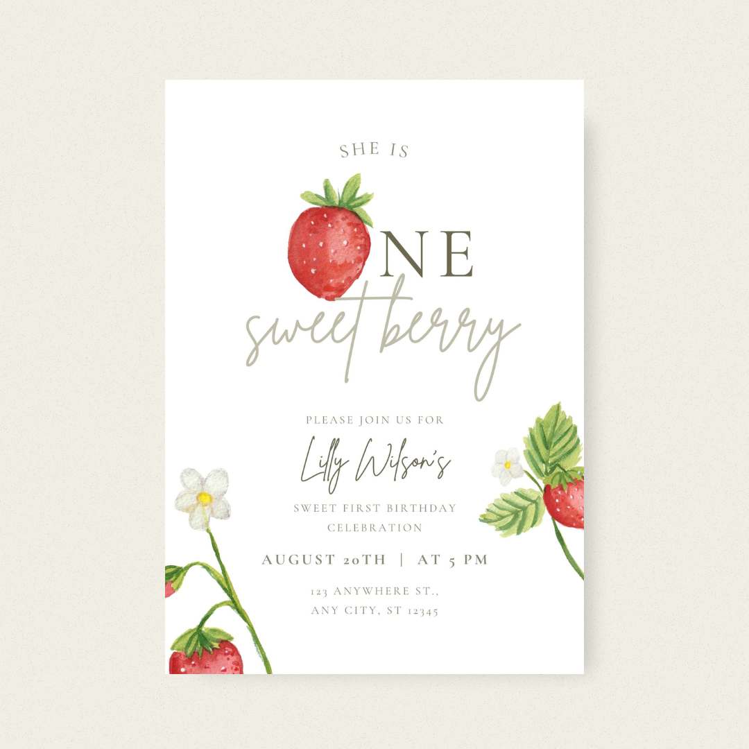 Berry First Birthday Invitation – Editable Canva Template