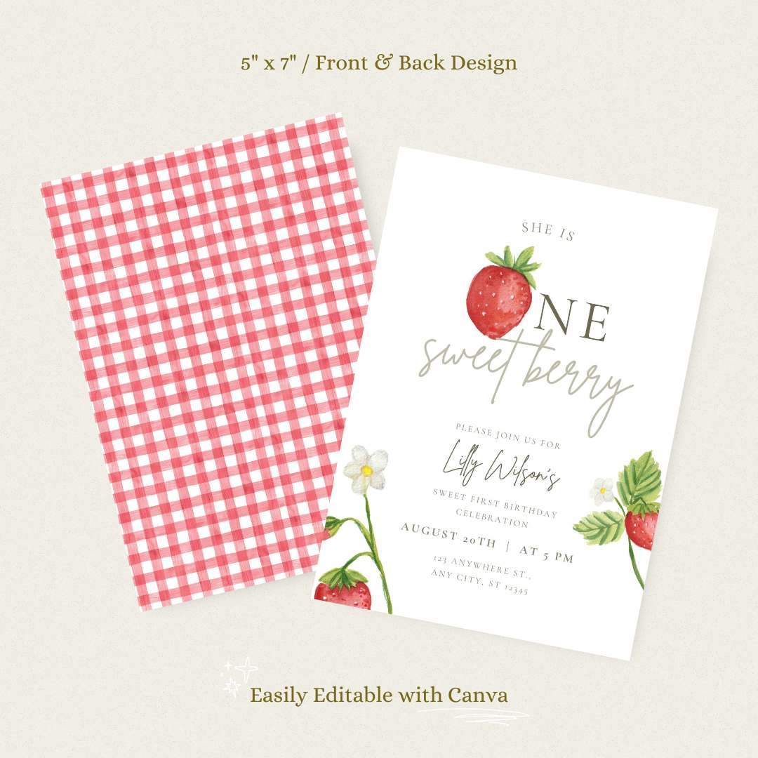 Berry First Birthday Invitation – Editable Canva Template
