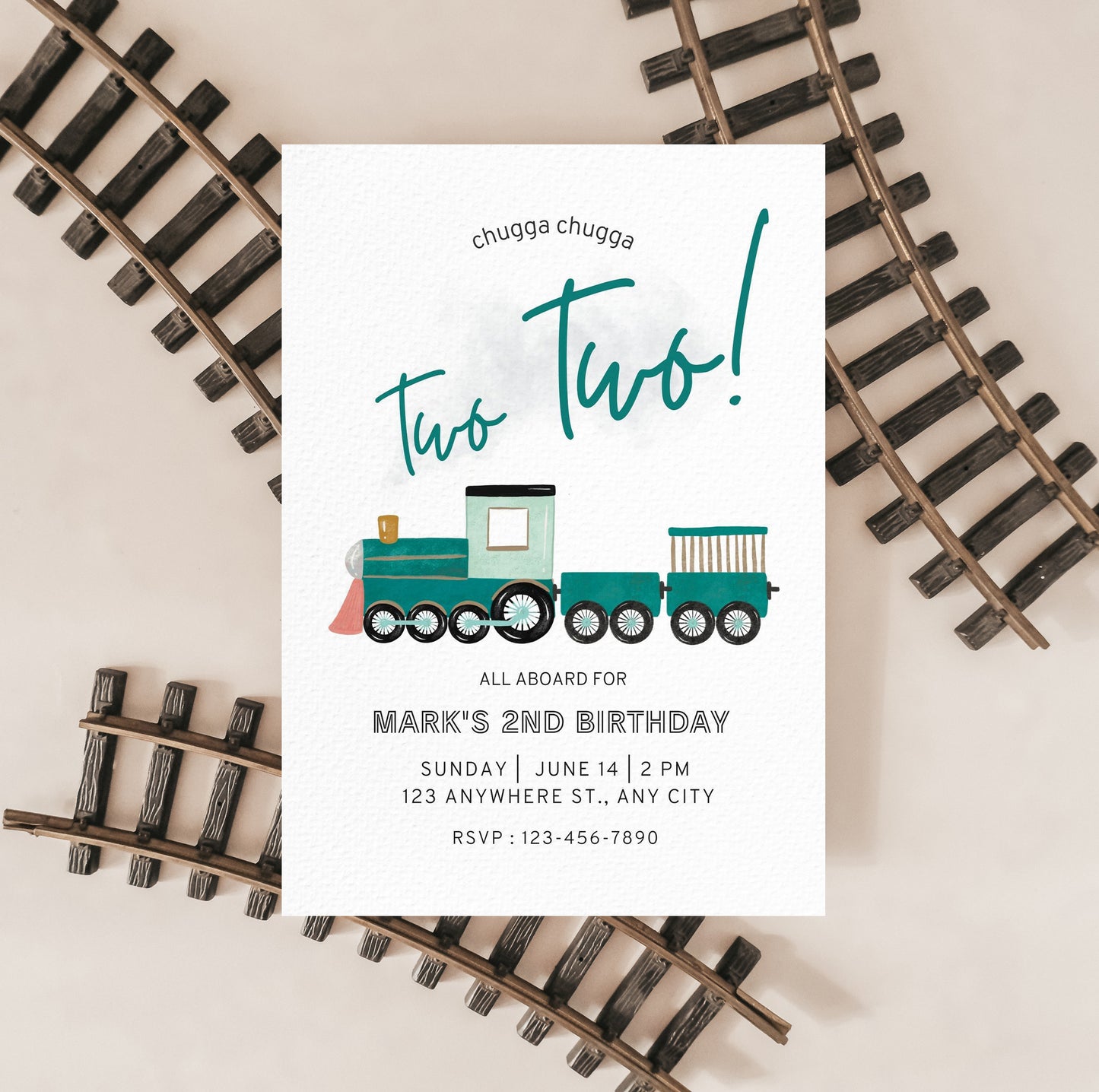 Two Two Train Birthday Invitation – Editable Green Train 2nd Birthday Template