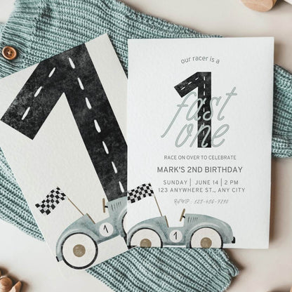 Fast One Race Car Birthday Invitation – Editable Canva Template