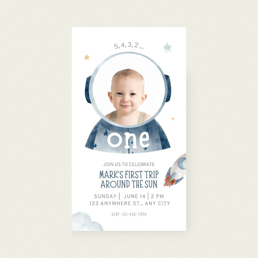 Animated Space Birthday Invitation – 5,4,3,2, ONE! - Editable Canva Template