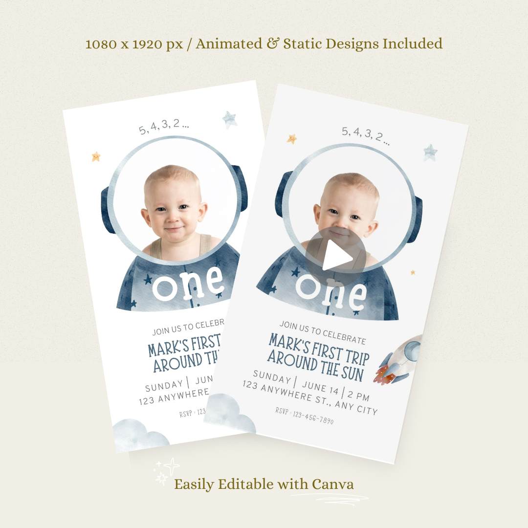 Animated Space Birthday Invitation – 5,4,3,2, ONE! - Editable Canva Template