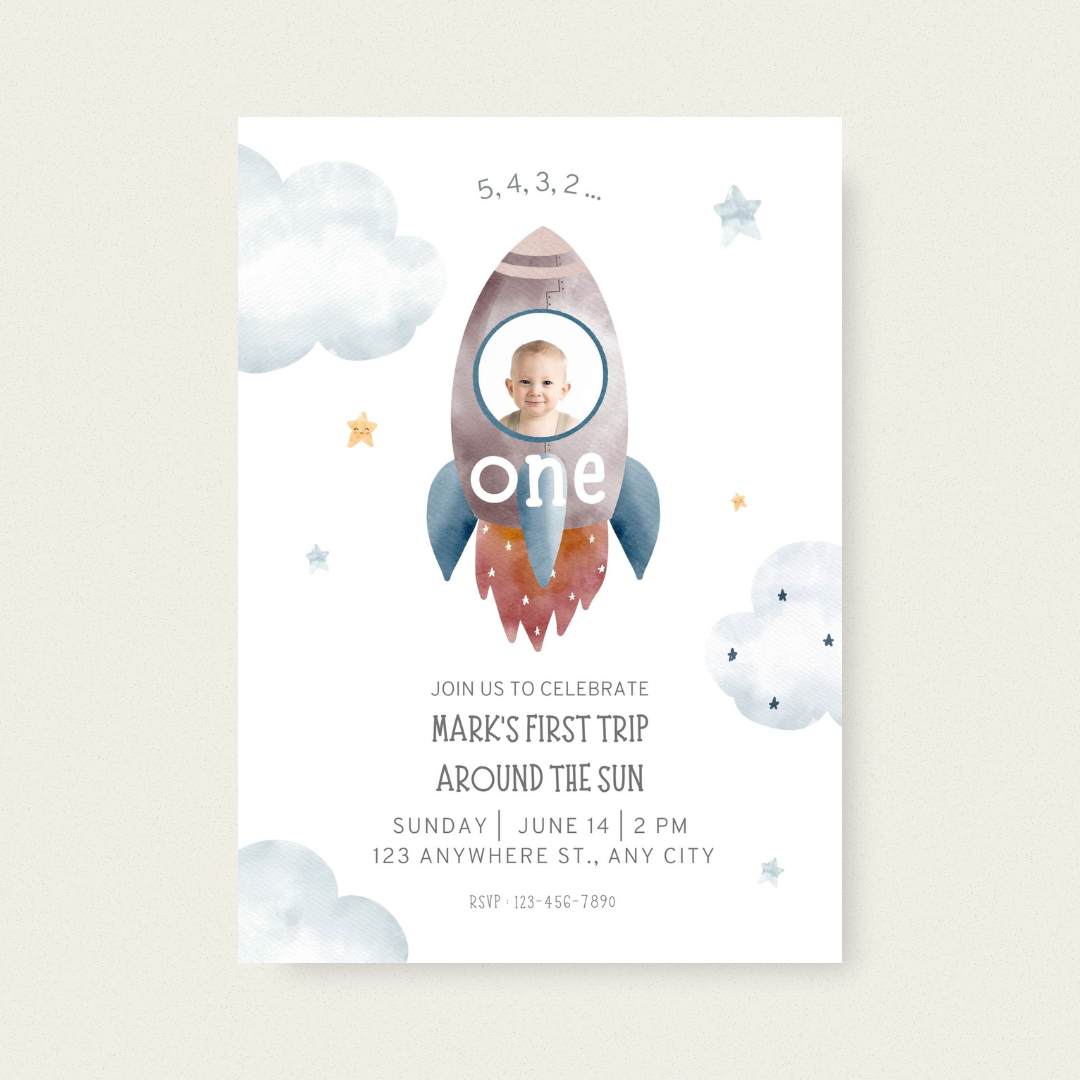 5, 4, 3, 2… ONE! Space-Themed 1st Birthday Invitation - Editable Canva Template