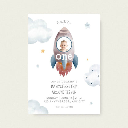 5, 4, 3, 2… ONE! Space-Themed 1st Birthday Invitation - Editable Canva Template