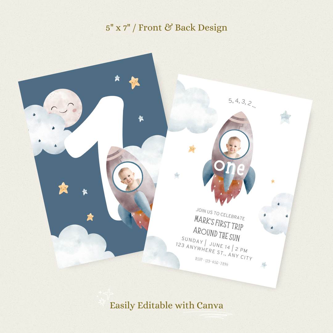 5, 4, 3, 2… ONE! Space-Themed 1st Birthday Invitation - Editable Canva Template