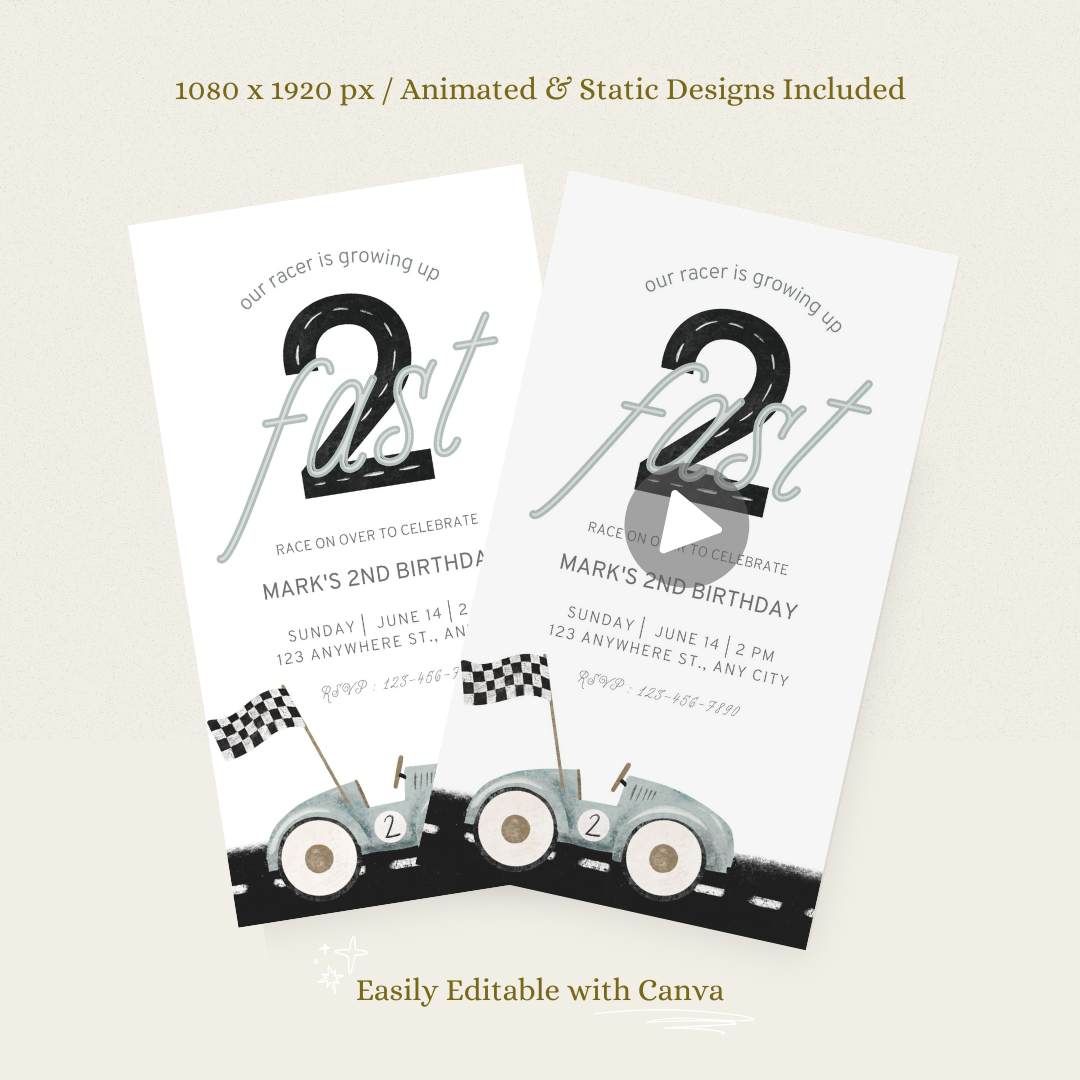 Animated Two Fast Race Car Birthday Invitation – Editable Canva Template