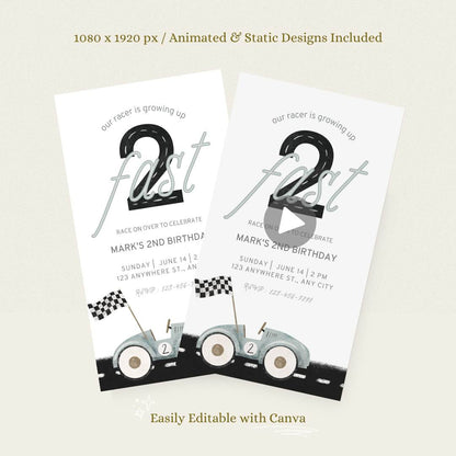 Animated Two Fast Race Car Birthday Invitation – Editable Canva Template