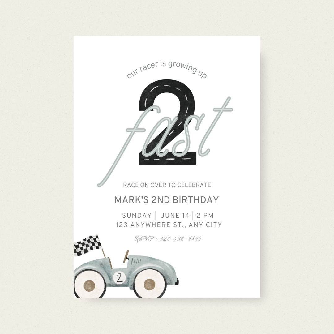 Two Fast Race Car Birthday Invitation – Editable Canva Template