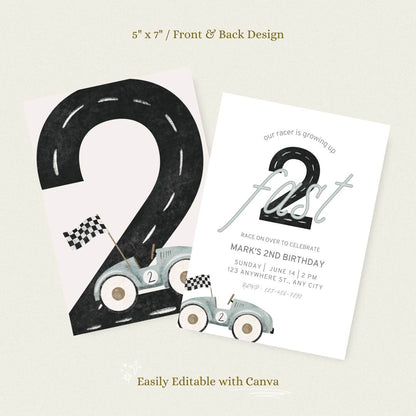 Two Fast Race Car Birthday Invitation – Editable Canva Template